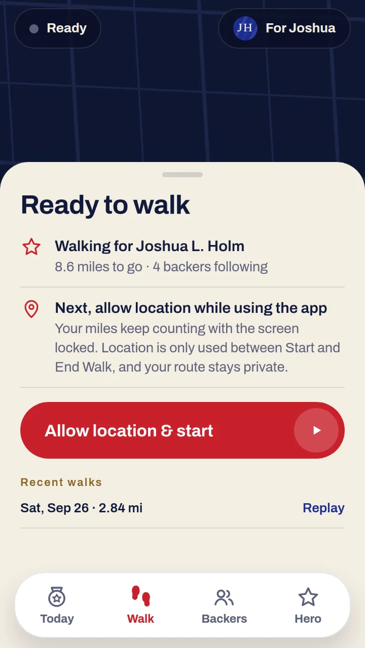 Get ready to walk. — screenshot of Walk For A Hero app · Walk tab, with 3 numbered marks