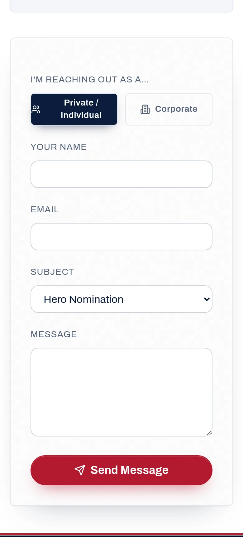 Send us a message. — screenshot of walkforahero.com/contact?subject=hero, with 4 numbered marks