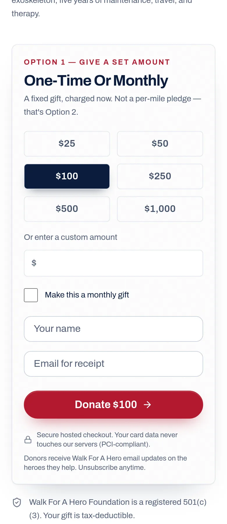 Pick an amount, then press Donate. — screenshot of walkforahero.com/donate, with 6 numbered marks