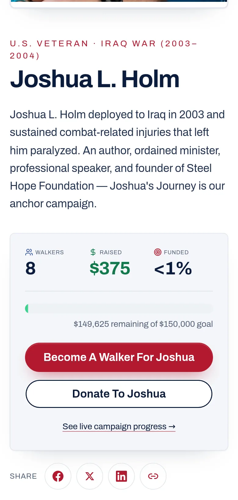 Pick the hero you'll walk for. — screenshot of walkforahero.com/heroes/joshua-holm, with 2 numbered marks