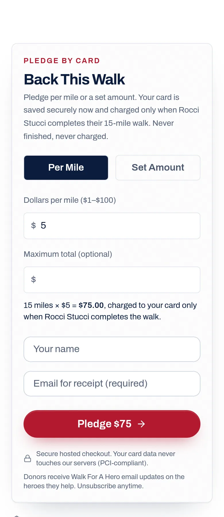 Choose how much for each mile. — screenshot of walkforahero.com/donate?walker=their-name, with 6 numbered marks