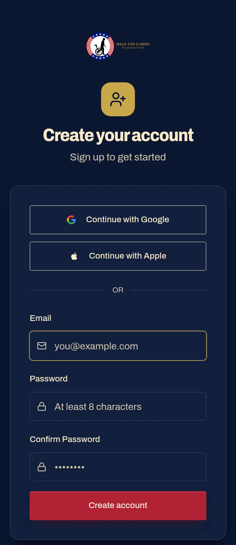 Make your login. — screenshot of walkforahero.com/register, with 4 numbered marks