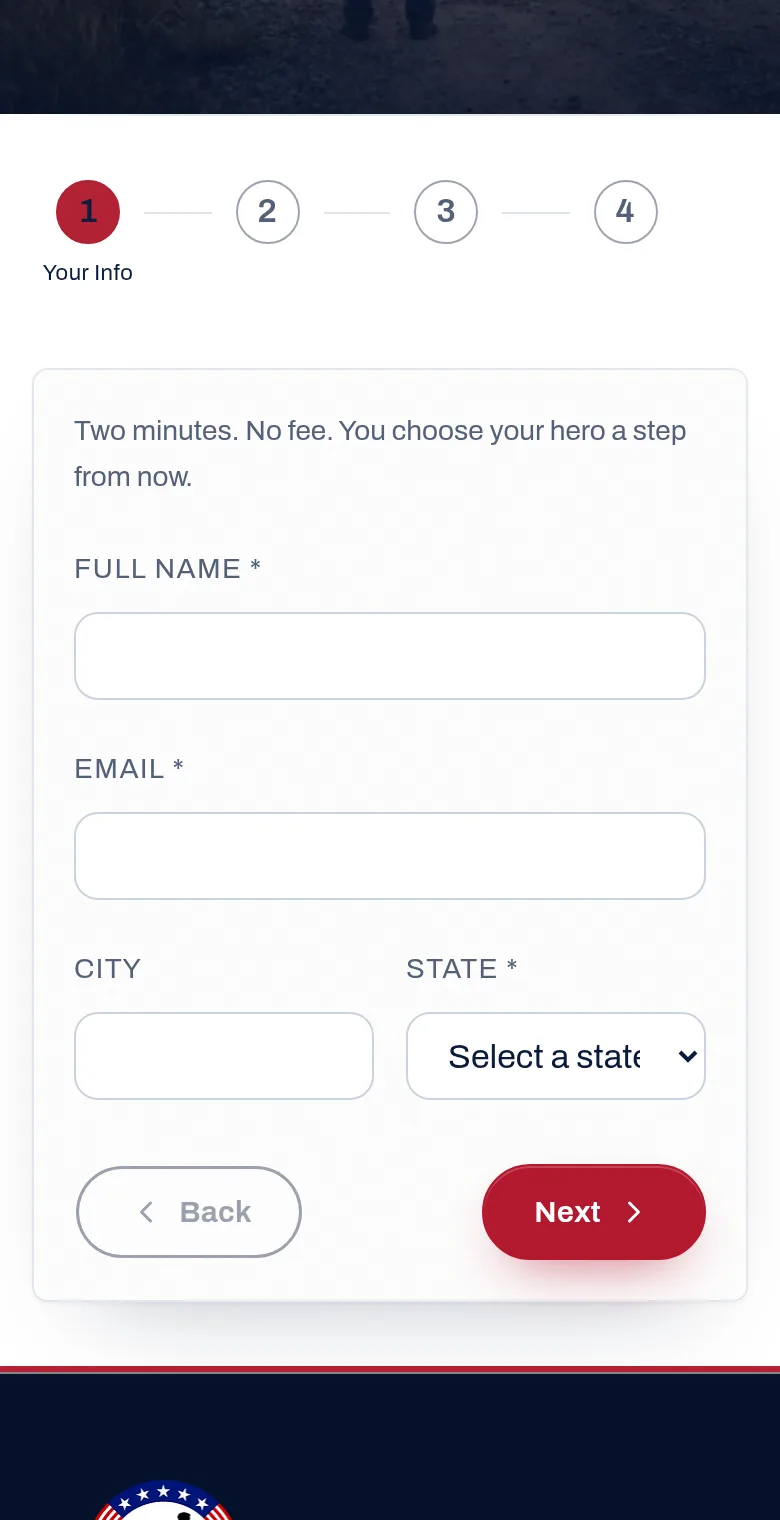 Tell us who you are. — screenshot of walkforahero.com/become-a-walker, with 4 numbered marks