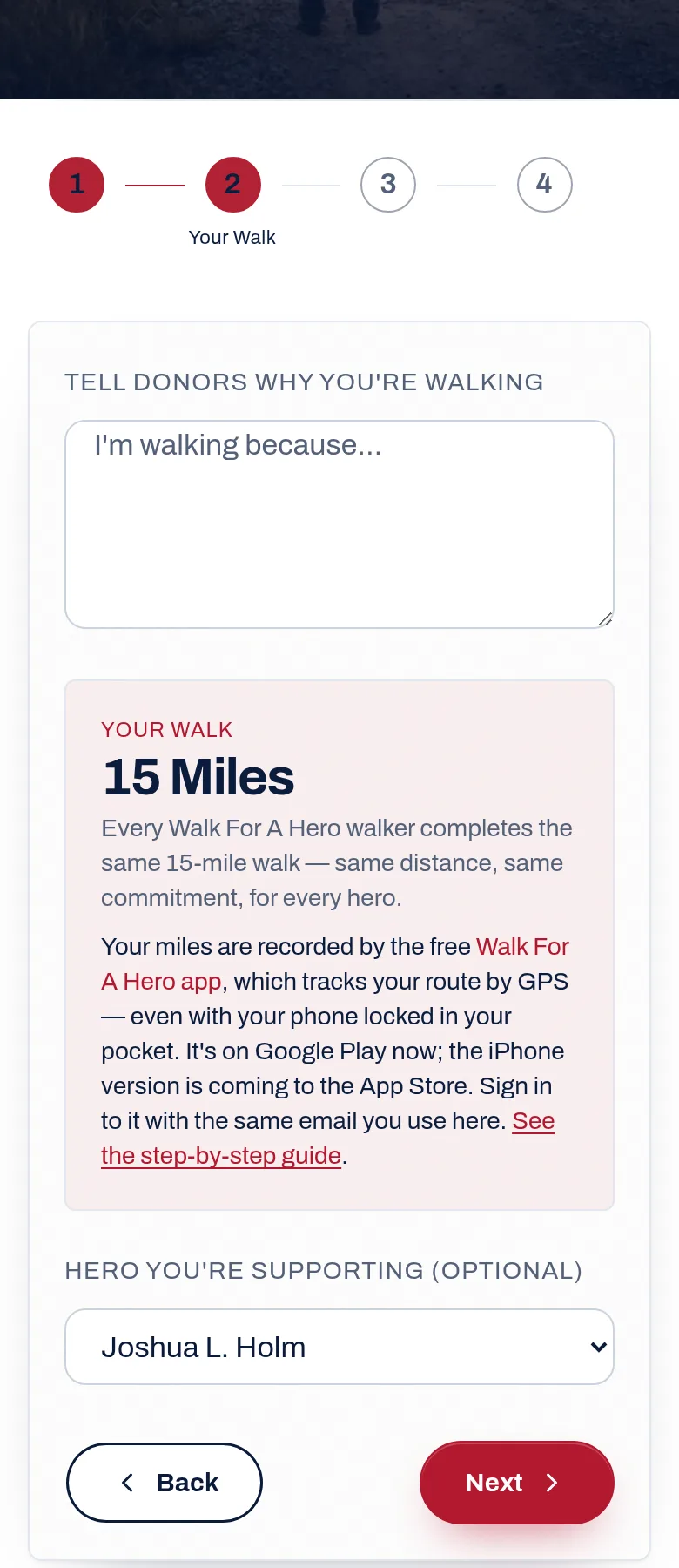 Say why you're walking, and choose your hero. — screenshot of Become A Walker · step 2, Your Walk, with 3 numbered marks