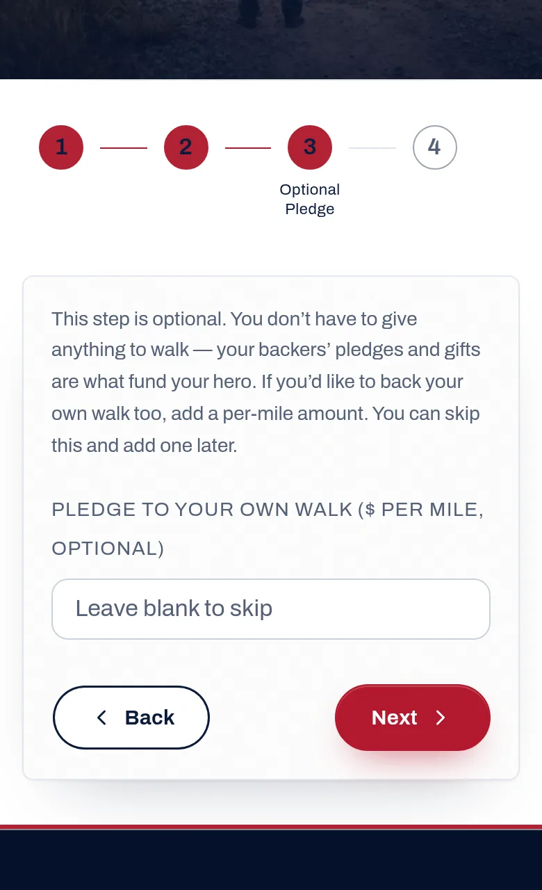 Skip the money box if you want, then confirm. — screenshot of Become A Walker · step 3, Optional Pledge, with 2 numbered marks