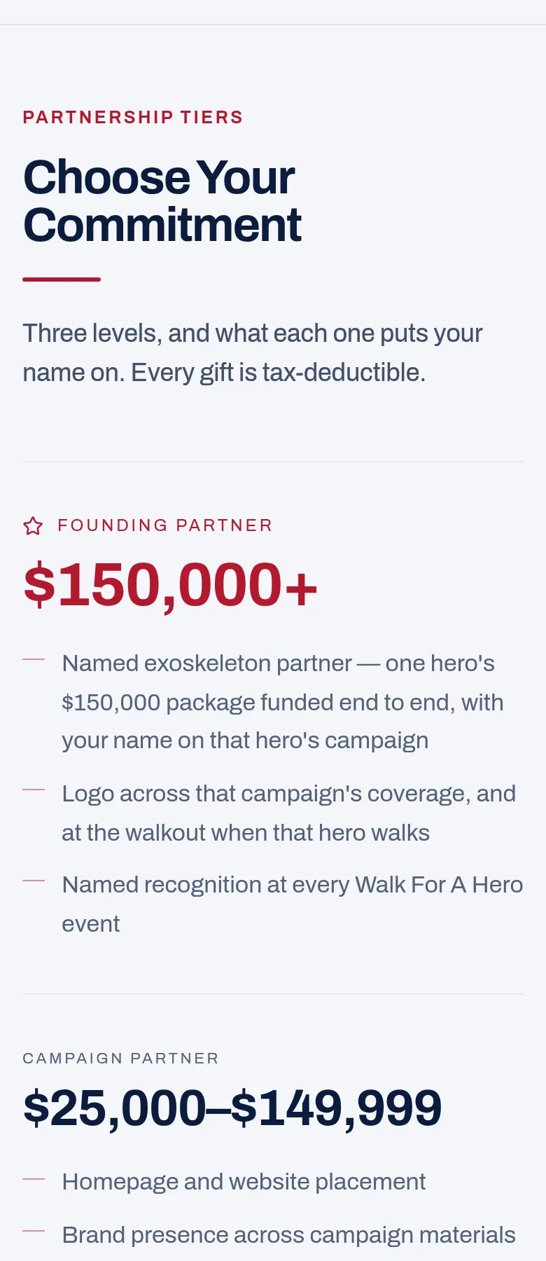 Look at the three partner levels. — screenshot of walkforahero.com/sponsors, with 2 numbered marks
