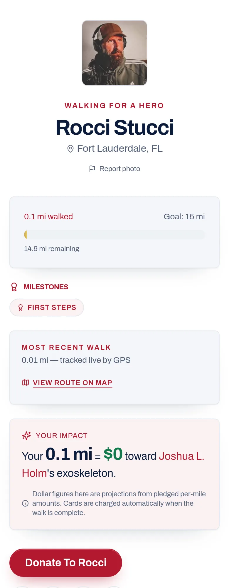Open your walker's page. — screenshot of walkforahero.com/walk/their-name, with 3 numbered marks